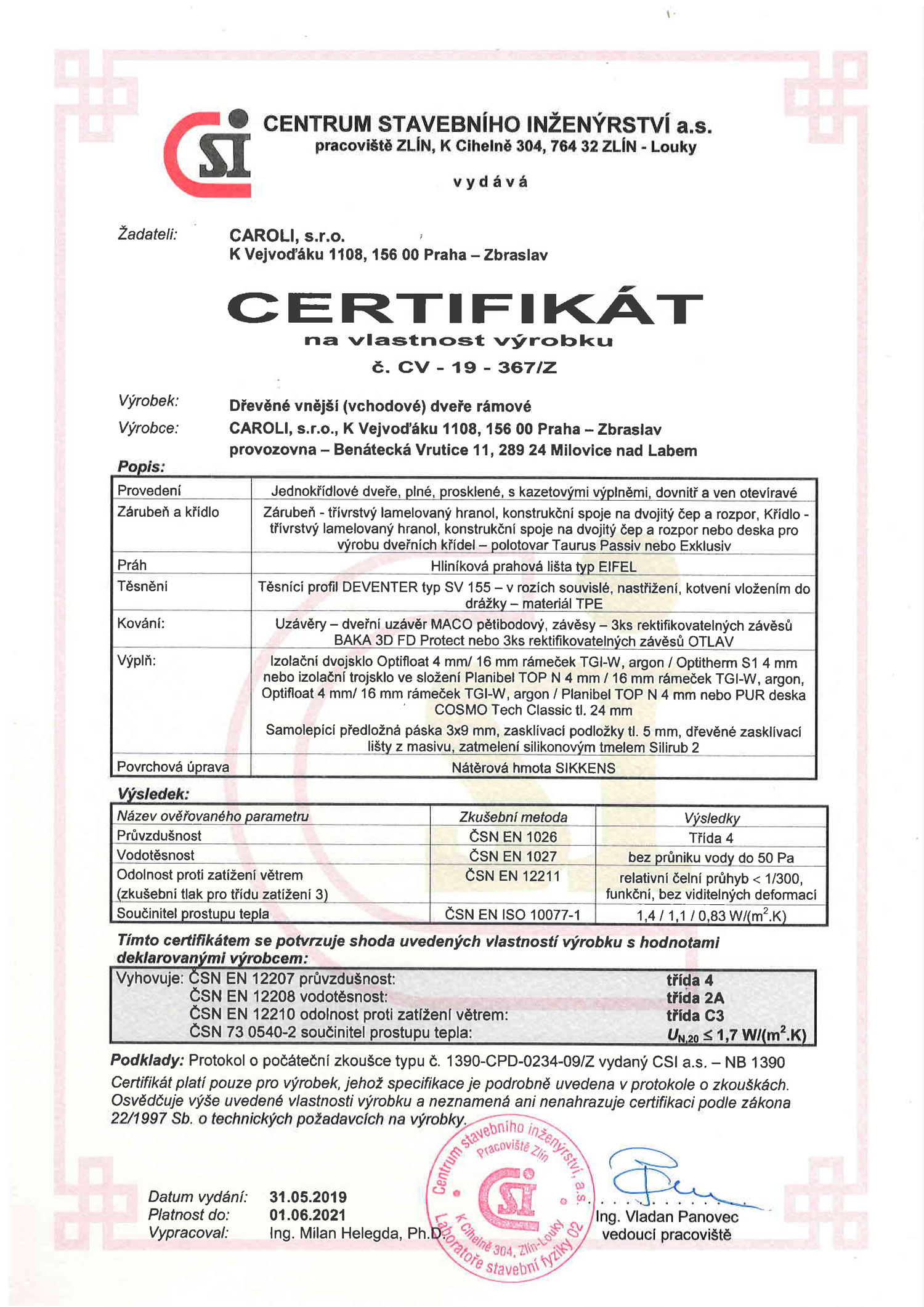 Certifikát dveře - 2021